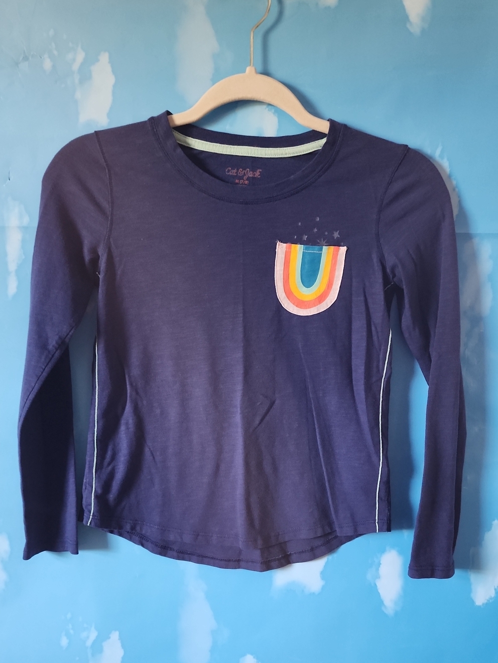 Cat & Jack Navy Long-Sleeve Tee with Rainbow Pocket